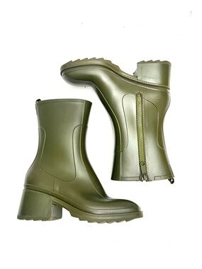 Vintage Y2K army green rubber zip up heeled rain boots